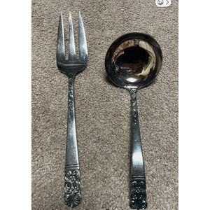 Vintage Lifetime Cutlery Stainless Floral Scrolls Serving Fork & Ladle Spoon Vtg